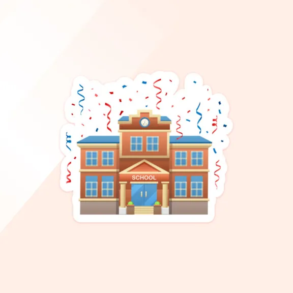Cartoon sticker illustration of a celebratory school building with a clock tower and a banner that reads