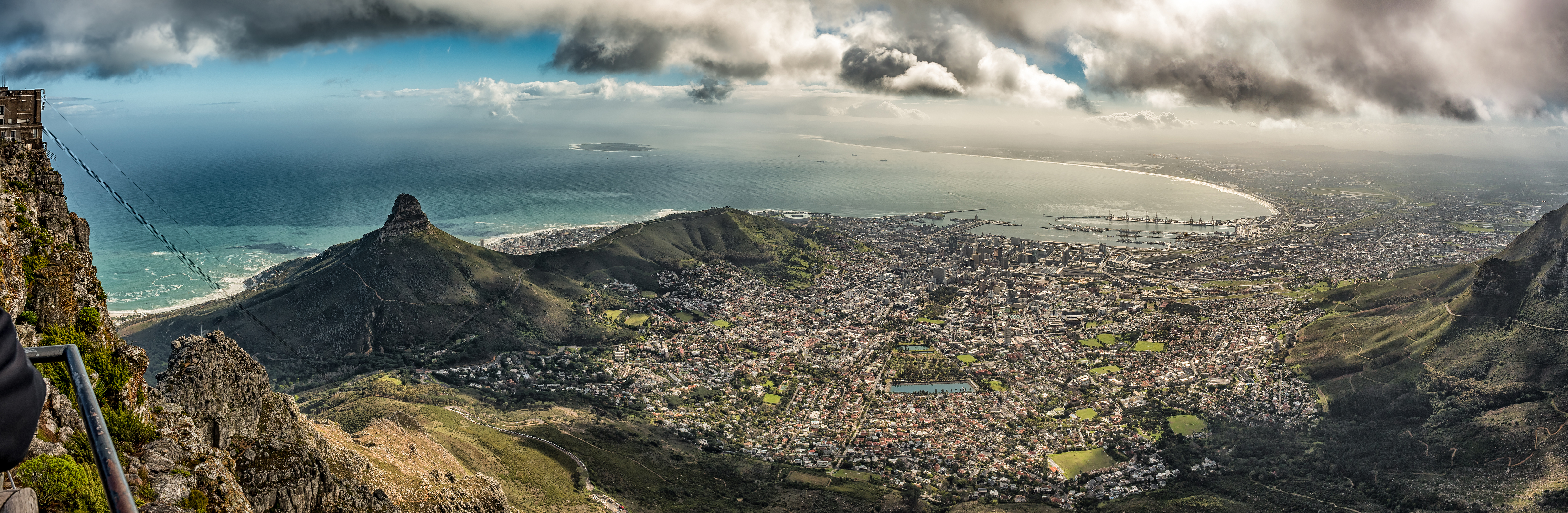Panoramic view from Table Mountain overlooking Cape Town and the coastline