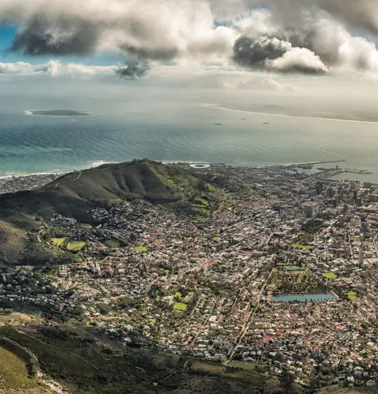 Panoramic view from Table Mountain overlooking Cape Town and the coastline