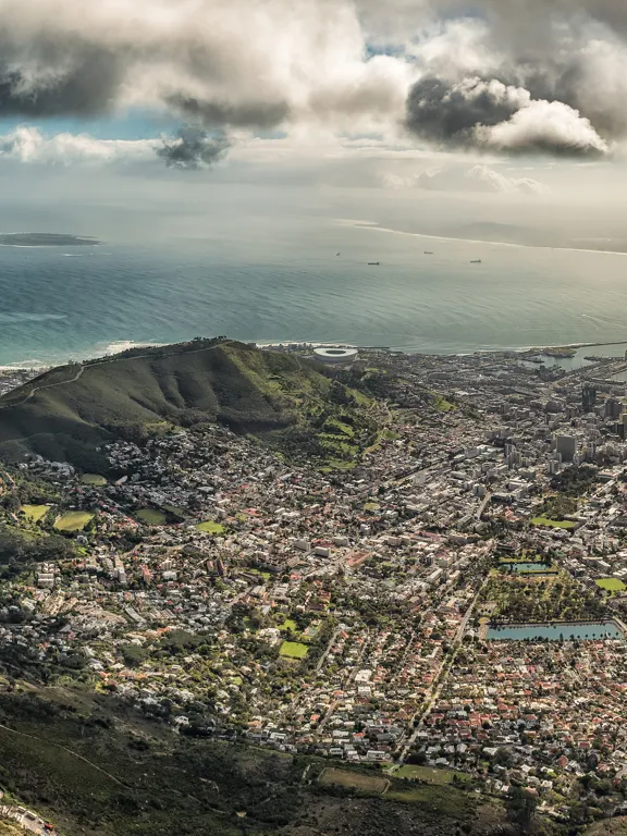 Panoramic view from Table Mountain overlooking Cape Town and the coastline