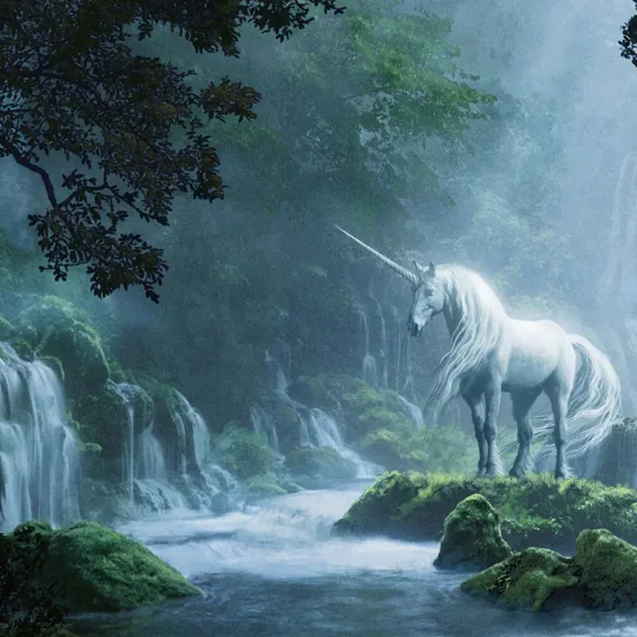 A unicorn in a forest stood by a river.