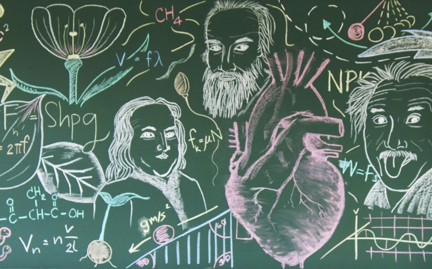 A chalkboard covered in different scientific illustrations. 