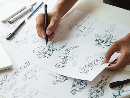 Someone drawing a group of cartoon characters using pencil.