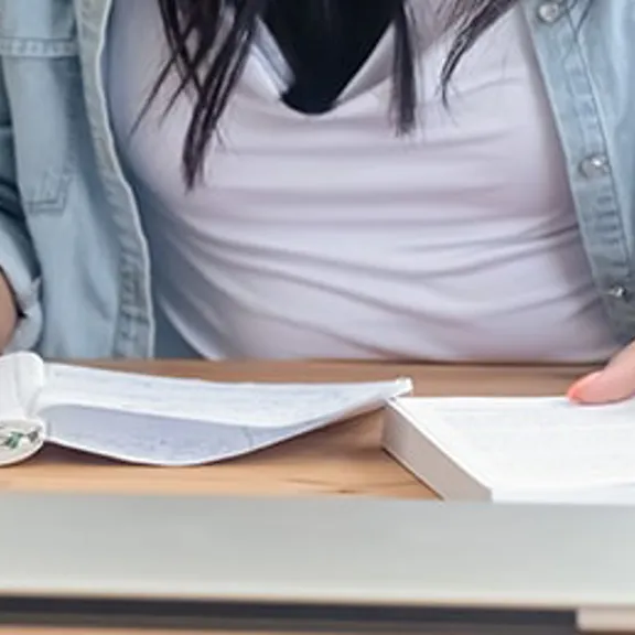 Learner writing notes with study materials and laptop on a wooden desk.