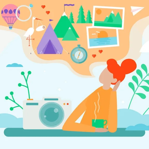 An illustration of a person with orange hair, holding a green mug, and thinking. A thought bubble above their head contains various images and icons, including a stork, a tent in the mountains, a hot air balloon, photos of a mountain and a beach sunset, a paper airplane, a gift box, and hearts. A camera is on a surface in front of them, surrounded by plants and clouds.