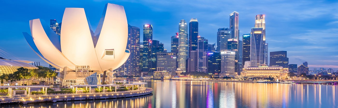 A landscape view of a Singaporean skyline at dusk. with the river lit up by city lights. 