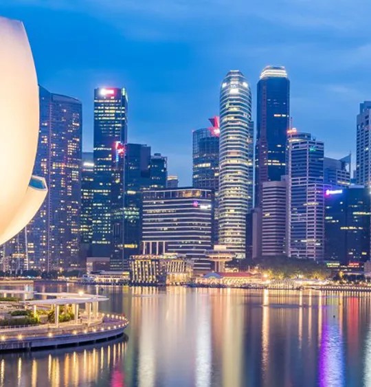 A landscape view of a Singaporean skyline at dusk. with the river lit up by city lights.