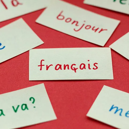 Scattered French vocabulary flashcards with handwritten words like ‘bonjour’, ‘français’ and ‘merci’.
