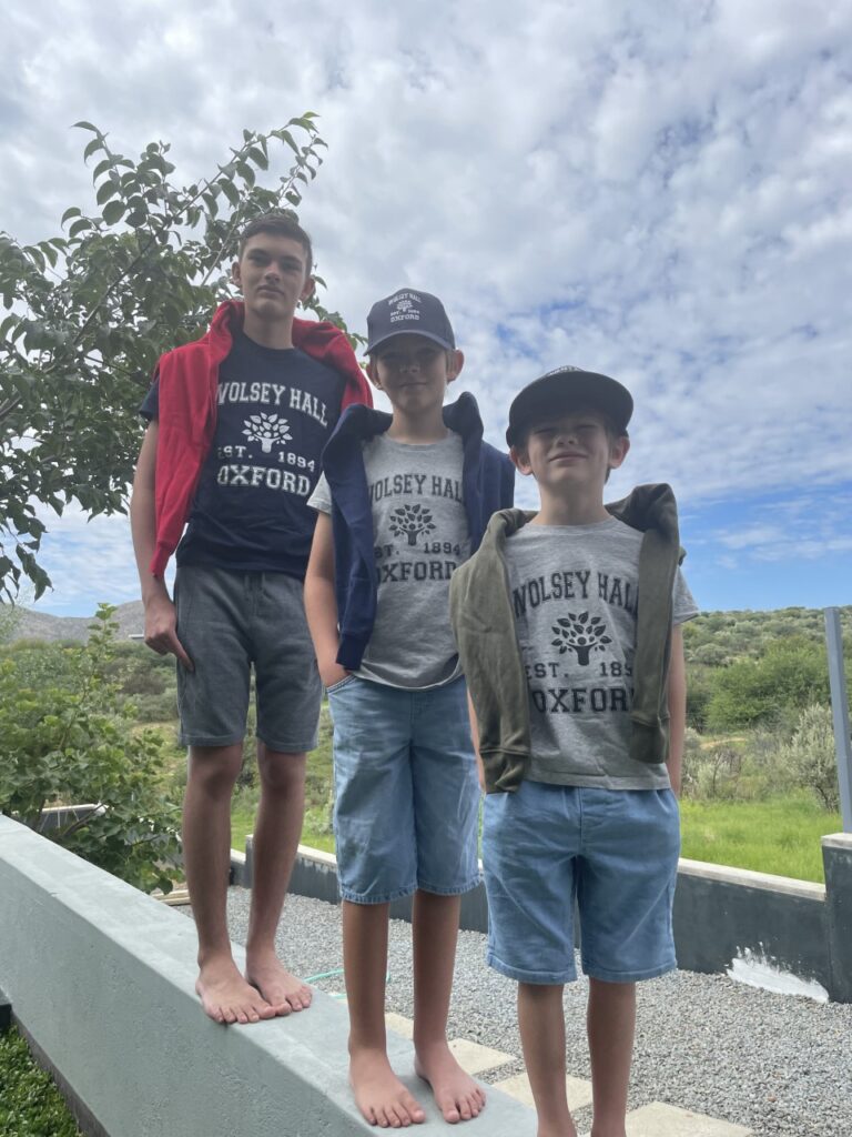 A photograph of three homeschooling young boys of different ages wearing Wolsey Hall Oxford T-shirts and smiling at the camera, representing one of our international homeschooling families.