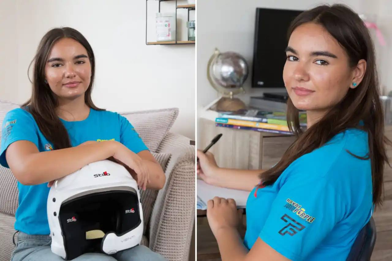 Wolsey Hall Oxford student Phoebe photographed for a news article, holding her racing helmet. 