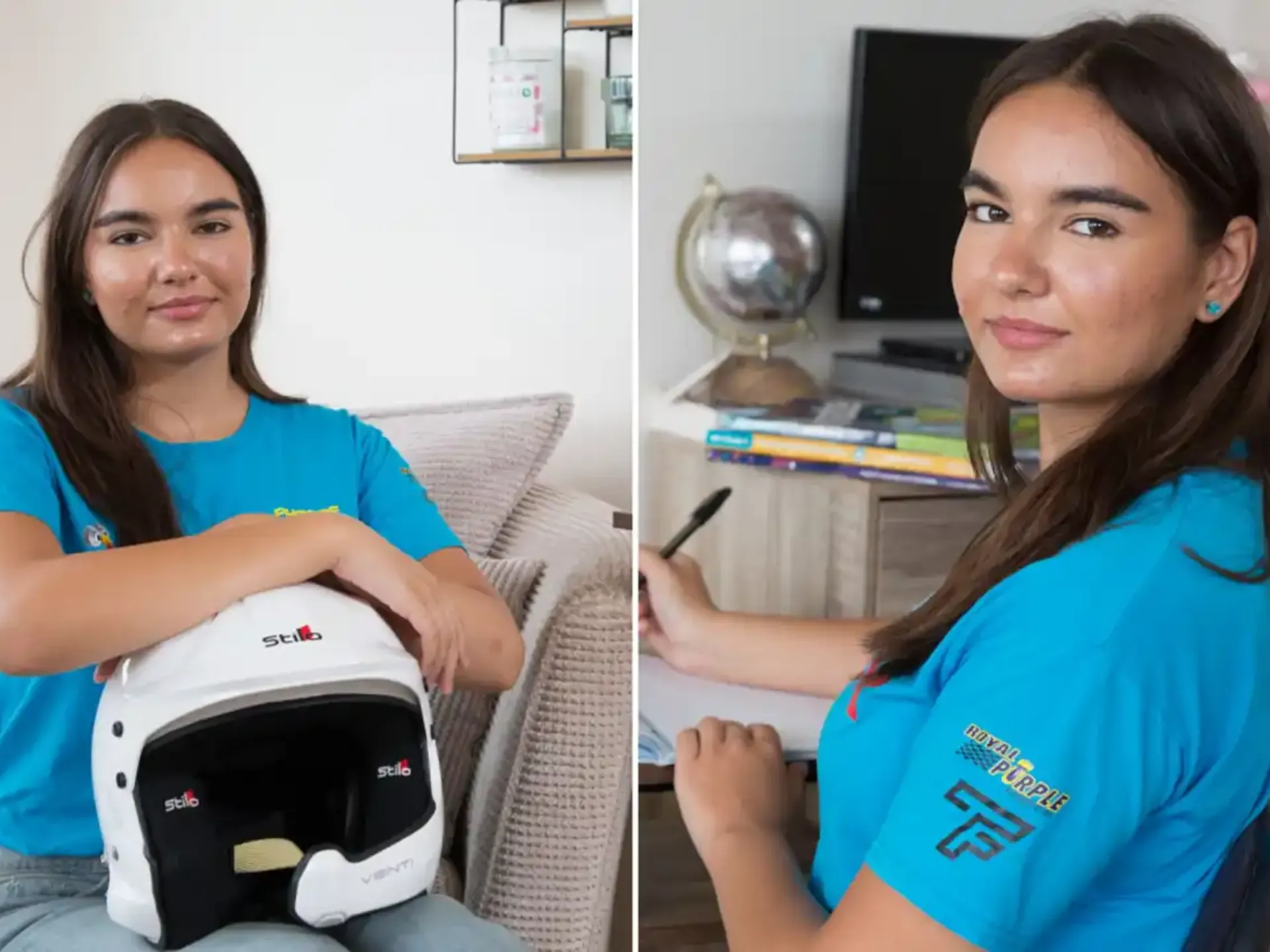 Wolsey Hall Oxford student Phoebe photographed for a news article, holding her racing helmet.