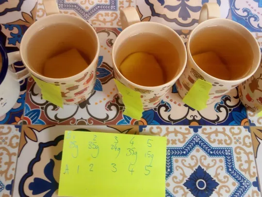 A line of drinking mugs with different measurements in front of them.