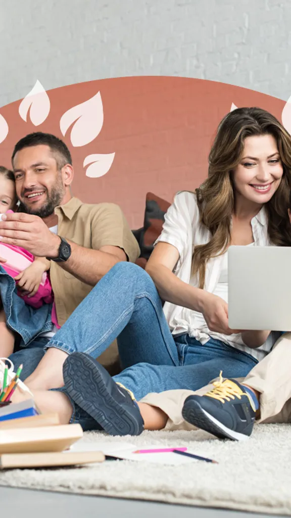 A family with two young children learning together at home, enjoying the flexibility of online education.