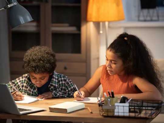 Two young learners engaged in their studies at home, an example of the homeschooling experience explored in our online open event.