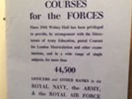 A photograph of a document discussing Wolsey Hall Oxford's distance-learning courses for armed forces personnel, with the headline 'Courses for the forces'