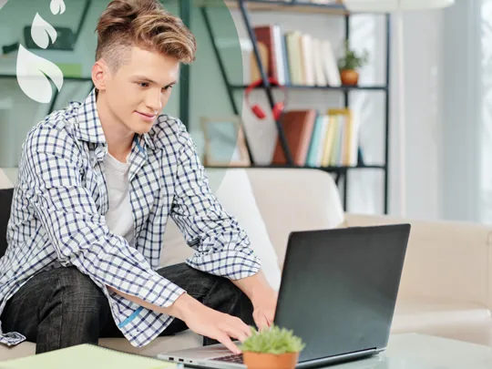 A young person with styled hair sitting on a sofa, focused on typing on a laptop with a small plant on the table.
