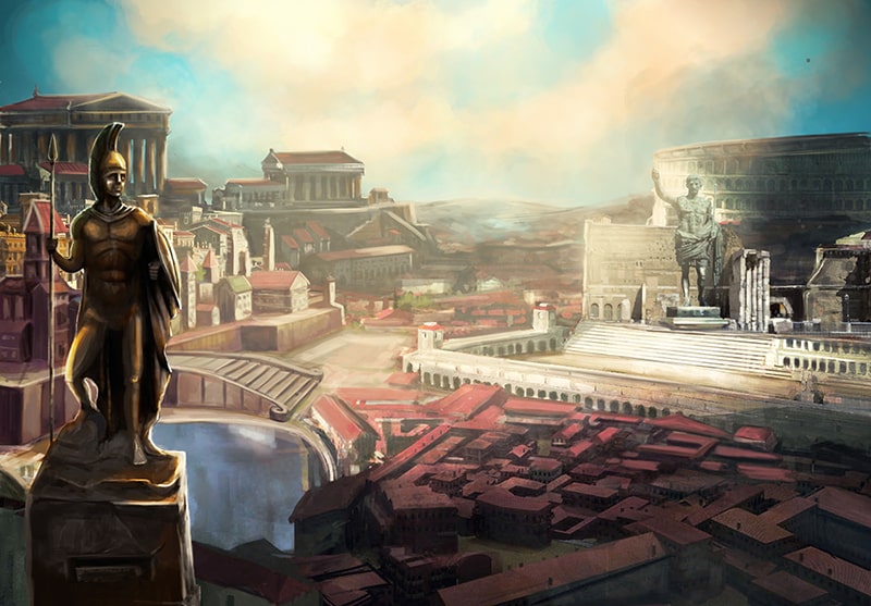 Artistic impression of Ancient Rome with statues, temples and classical architecture under a bright sky.