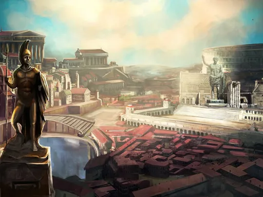 Artistic impression of Ancient Rome with statues, temples and classical architecture under a bright sky.
