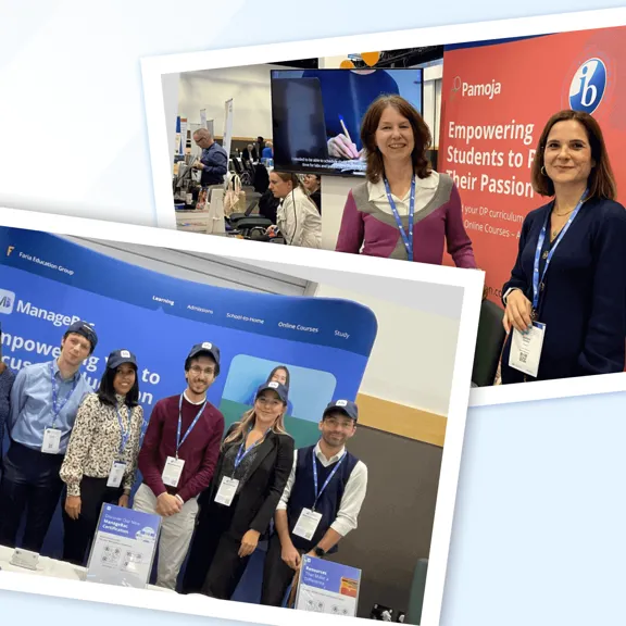 Two photographs of the ManageBac and Pamoja teams at a conference. The foreground photo shows a group of six ManageBac team members standing behind their booth. The background photo shows two female team members at the Pamoja booth, which features the IB logo and a red banner reading