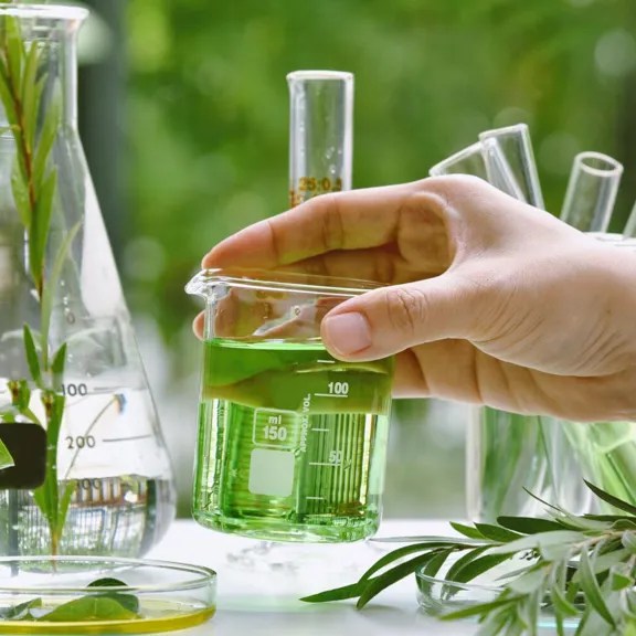 Plants and liquids being tested in a variety of scientific beakers and equipment.