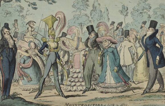 Colourful 19th-century cartoon depicting exaggerated fashion and social class distinctions