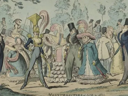 Colourful 19th-century cartoon depicting exaggerated fashion and social class distinctions