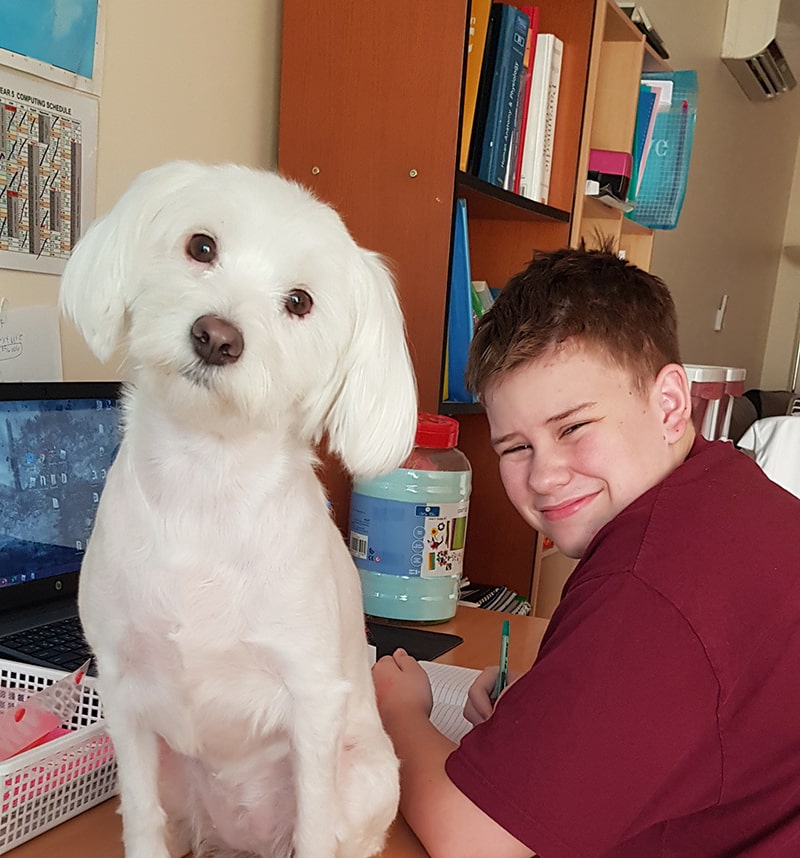 Wolsey Hall Oxford student, Kaelem, and his dog. 