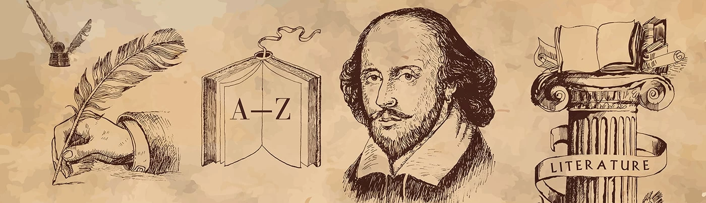 A illustrated depiction of William Shakespeare, and other English Literature symbols. 