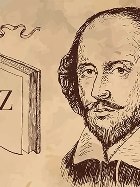 A illustrated depiction of William Shakespeare, and other English Literature symbols.