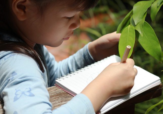 Child writing in a notebook while observing leaves outdoors, engaged in a nature-based learning activity