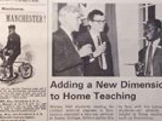 A photograph of an old newspaper clipping with the headline, 'Adding a new dimension to home teaching'.