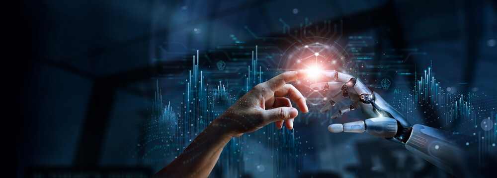 Human hand reaching to touch a robotic hand against a futuristic digital background, symbolising AI and human–machine collaboration