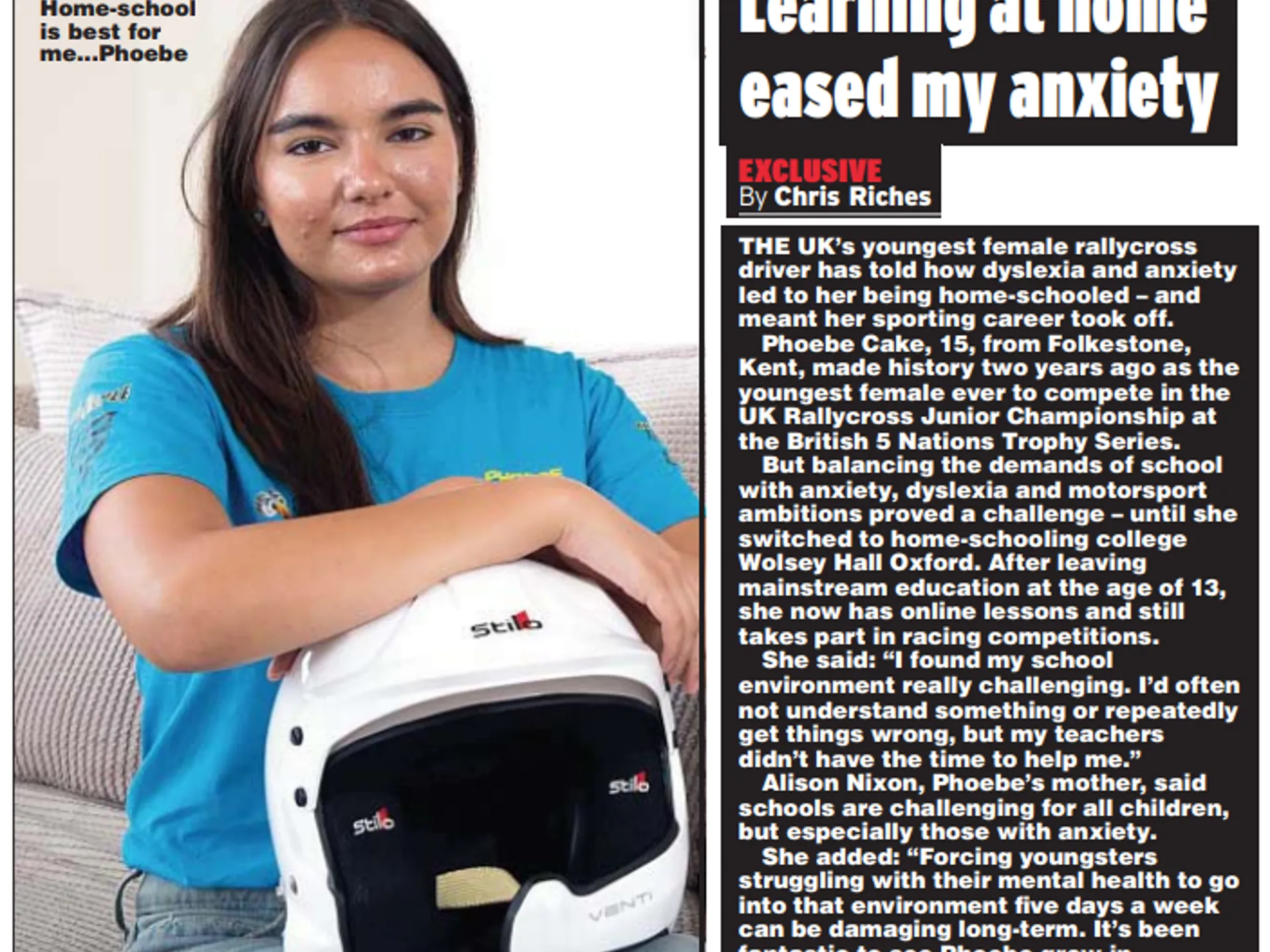 WHO student Phoebe photographed for a news article holding her helmet.