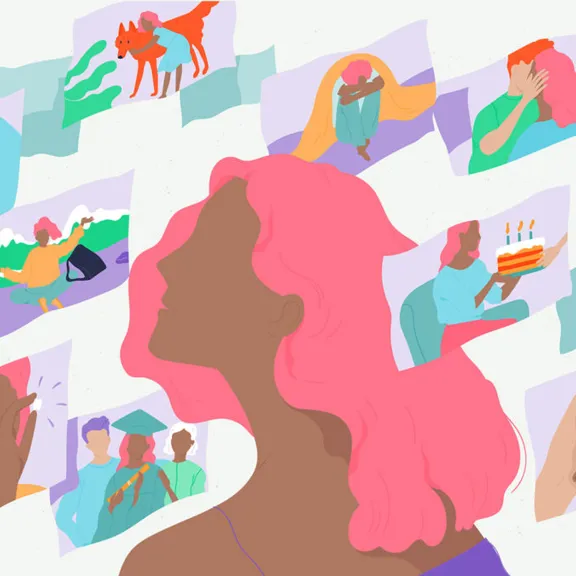 An illustration of a person with pink hair, shown in a side profile. Around the head, there are several floating rectangular panels, each containing a different illustrated scene, representing memories. These scenes include a couple, a person with a pet, a person hiking, a graduation, a birthday celebration, and a person holding their head in their hands.