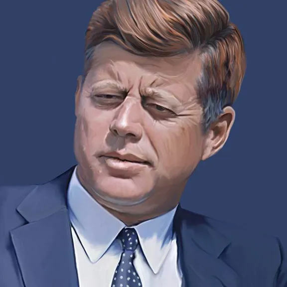 A digitally-painted portrait of John F. Kennedy, the 35th U.S. President. The portrait shows Kennedy wearing a suit and tie, looking slightly down and to the side with a serious expression.