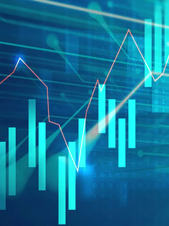 An abstract digital image shows financial graphs and bar charts in shades of blue and turquoise, with lines of code in the background, representing business management and data analysis.