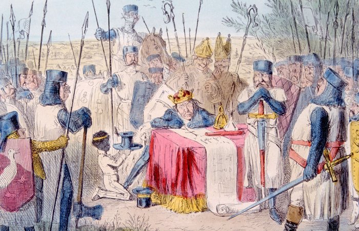 Historical illustration of King John signing the Magna Carta surrounded by barons and soldiers.