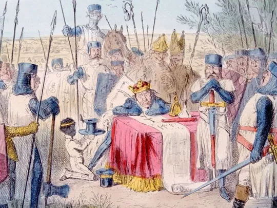 Historical illustration of King John signing the Magna Carta surrounded by barons and soldiers.