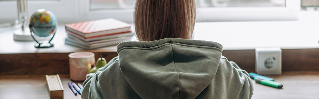 The back of a student wearing a grey hoodie, sitting at a desk with books, a globe, and stationery, looking towards a window.