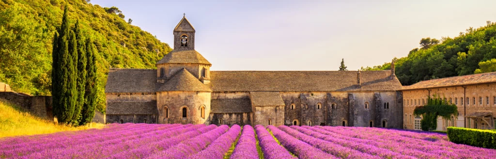 A landscape view of a church in the south of France, with a Lavender field in front of it. 