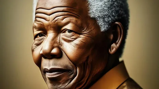 Detailed portrait of Nelson Mandela in a golden shirt with a calm expression.