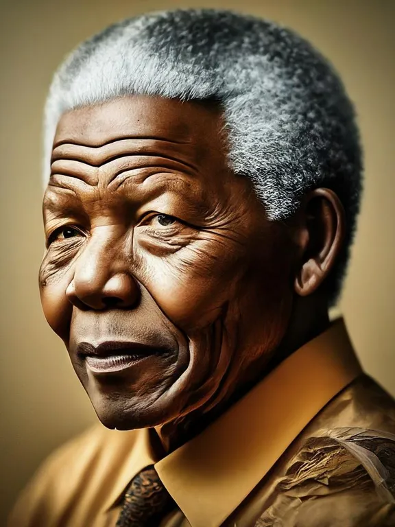 Detailed portrait of Nelson Mandela in a golden shirt with a calm expression.