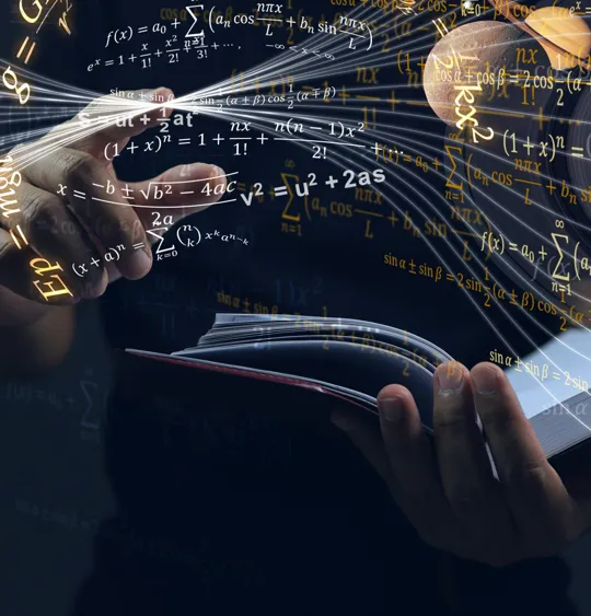 A person reading a book with graphic overlays of different mathematic symbols and equations.