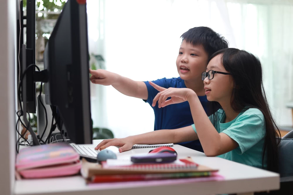 Brother and sister learning together on a computer.