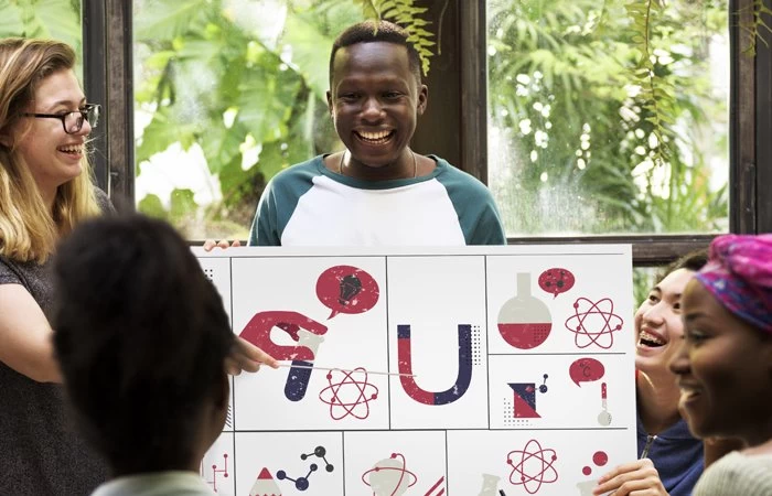 Students taking part in a group discussion during a science class. 