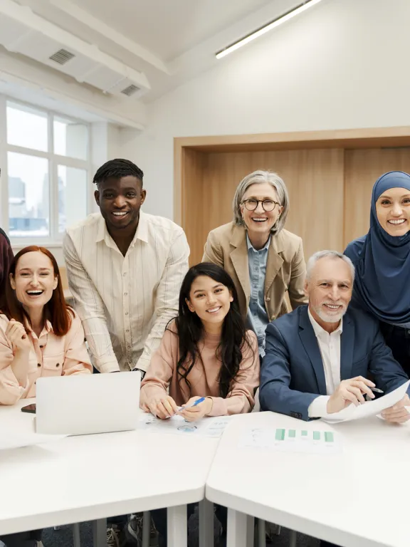 A diverse group of nine smiling professionals, including a woman in a blue hijab and a man with a beard, seated around a conference table in a modern office with a laptop and documents.