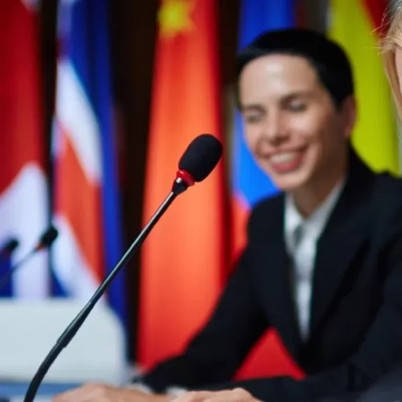 Two country leaders discussing with each other at a world political conference.