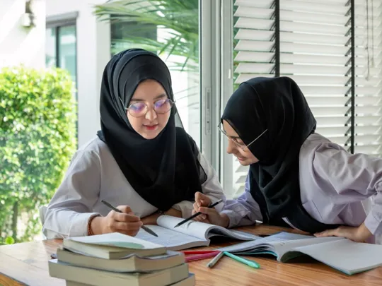 Focused learning in a Sharjah homeschooling environment: two students collaborate on their studies with books and notes.