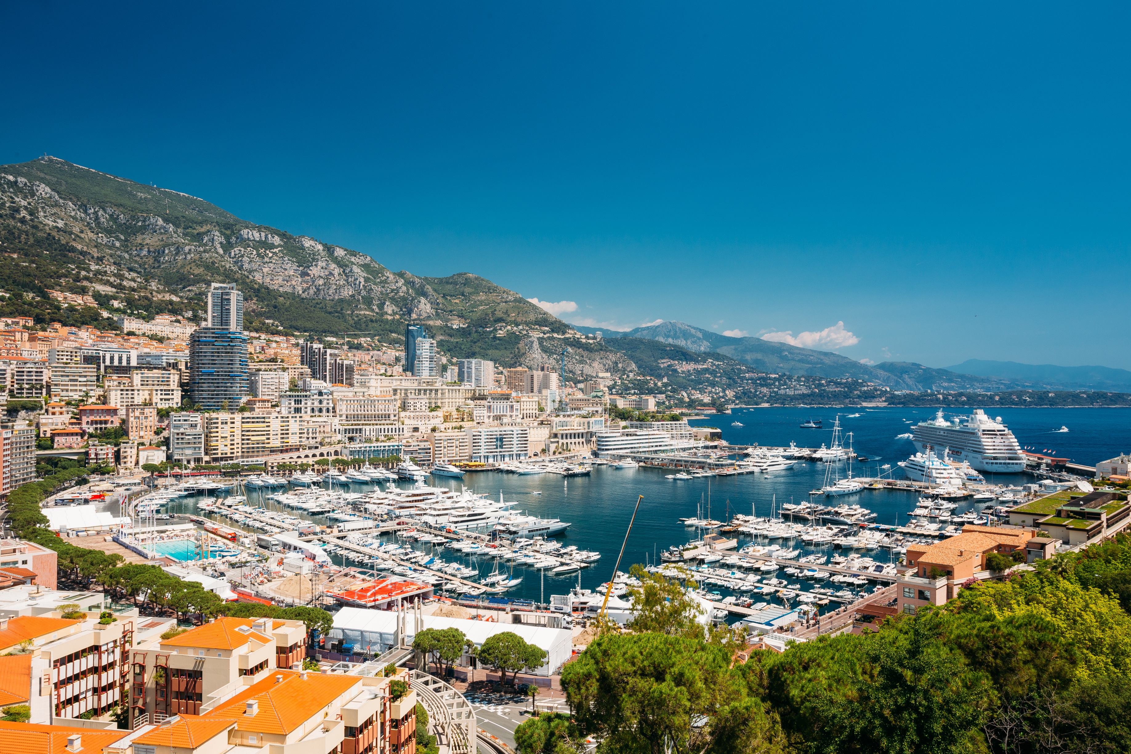 Landscape image of the Monte Carlo waterfront and harbour. 