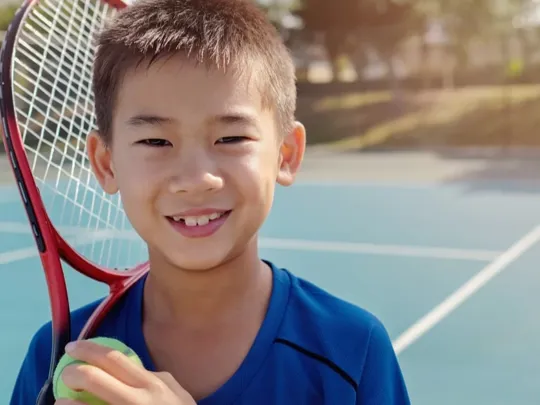 A young elite tennis player with his ball and racket in hand on the tennis court.
